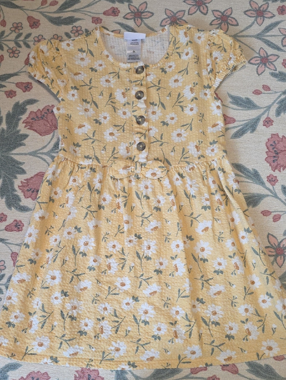 Yellow Floral Button-Front Kids Dress with Bow 100% Cotton